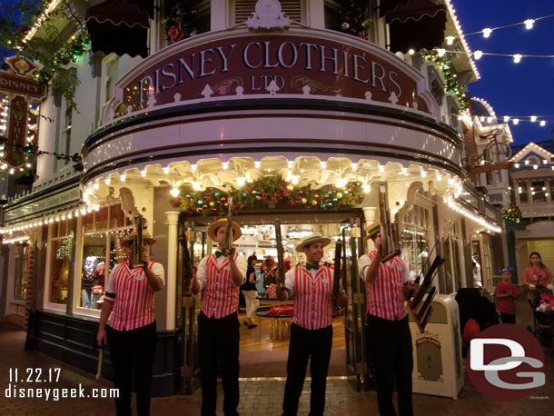 The Dapper Dans of Disneyland on Main Street USA for a performance.