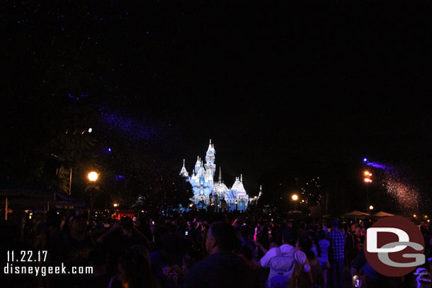 Watched the first Wintertime Enchantment at Sleeping Beauty's Winter Castle from Main Street.  The trees in the hub were not lit this year.