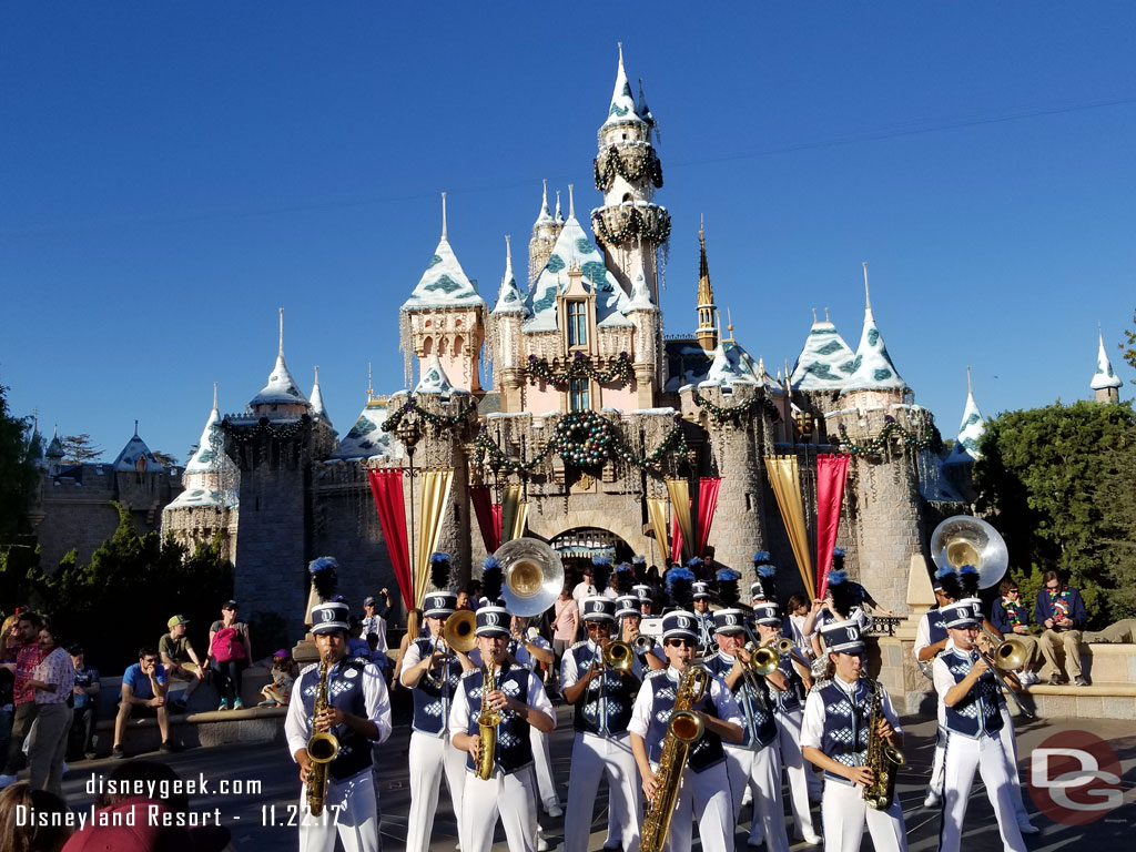 Disneyland Band performing in front of Sleeping Beauty Castle (The 95 degree weather, snow on the castle and band playing Star Wars felt like an odd mix)