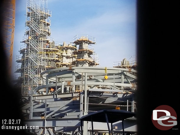 A look through the fence at Star Wars: Galaxy's Edge from the Big Thunder Trail entrance.  The village area continues to grow.