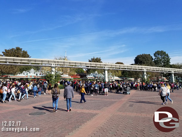 Lines to enter Disneyland stretch beyond the Monorail beam at 10:15am.  DCA had maybe a handful of guests per line only.