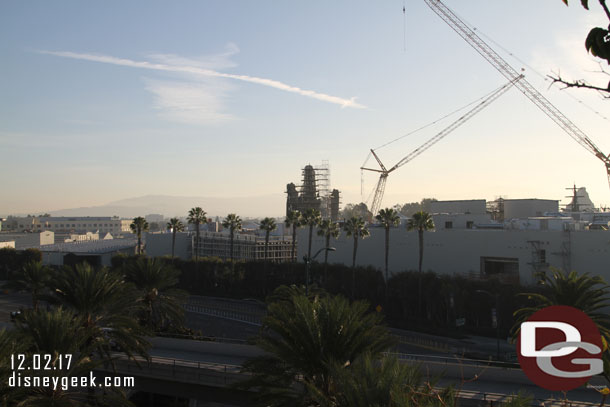 An overview of the Star Wars Galaxy's Edge Construction site from the Mickey and Friends Parking Structure (due to the sun and not a lot of visible progress no video clip this trip)