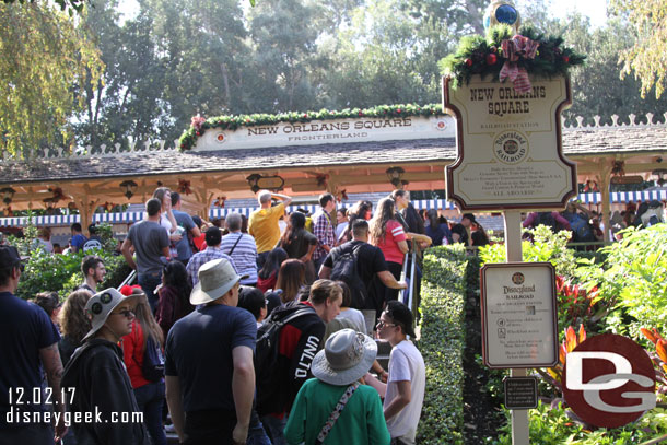 The Disneyland Railroad line was down the steps.. decided to give it a try.. turned out to be about 15 minutes, we made it onto the 3rd train to pull in.