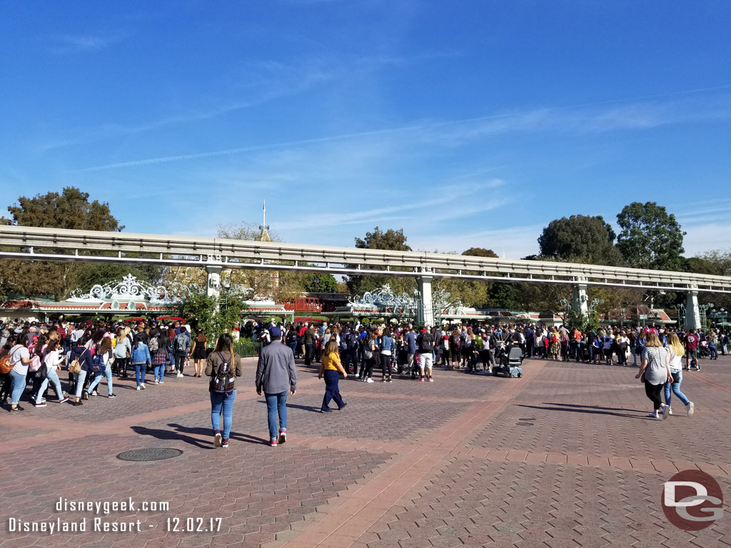 Lines to enter Disneyland stretch beyond the Monorail beam at 10:15am.  DCA had maybe a handful of guests per line only.