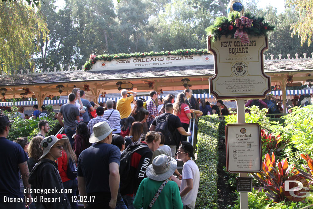 The Disneyland Railroad line was down the steps.. decided to give it a try.. turned out to be about 15 minutes, we made it onto the 3rd train to pull in.