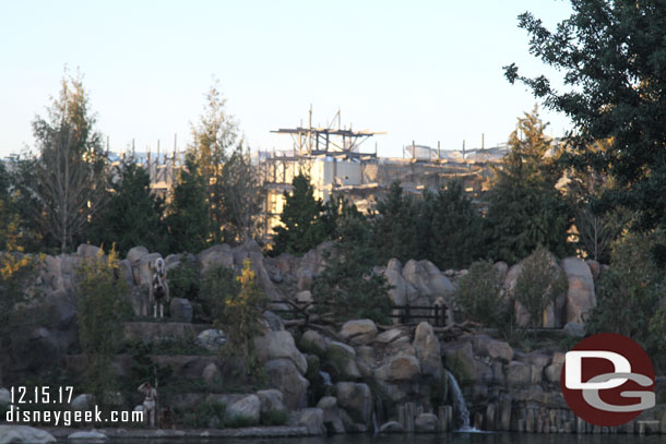 Star Wars: Galaxy's Edge construction visible beyond the Rivers of America from Critter Country.