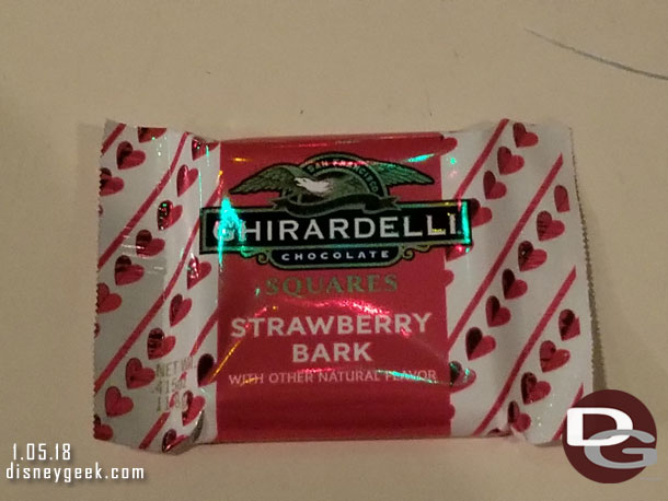 Ghirardelli was passing out samples of Strawberry Bark for Valentine's Day.