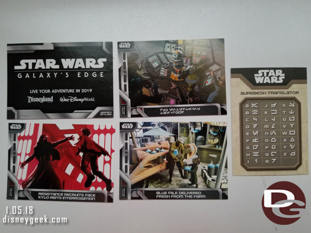 Trading cards for Star Wars Galaxy's Edge are being passed out inside the Star Wars Launch Bay.  Here is a look at the pack I received.