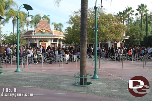 Ticket lines filled most of the queue, notice the extended queue still taped off.  Remember if you are visiting you can purchase tickets online or on the app and go straight to the park in almost all cases, bypassing these lines.