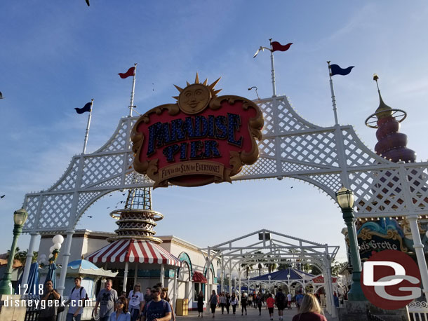 Christmas decorations are removed from the Pier entrance sign but not the Paradise Pier sign yet.