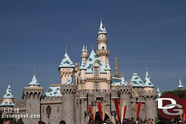 Sleeping Beauty Castle.  The Christmas decorations, lights and icicles are all gone.  Snow remains.  