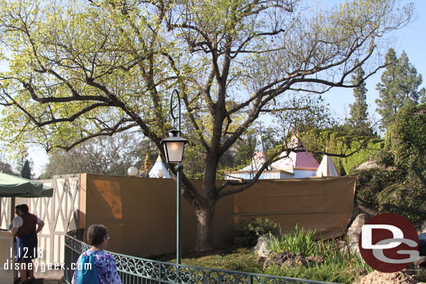 In Fantasyland Dumbo is behind walls.  In addition to a regular renovation they are moving the queue and adding a new shade structure to it.