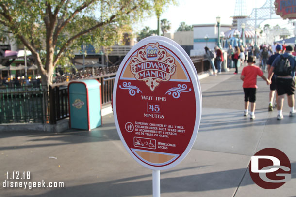 As you approach the Pier a sign with the wait time for Midway Mania is up (noticed this seemed to overstate the wait the couple times I walked by.  For example it says 45, the app said 40 and when I reached the attraction it said 25).