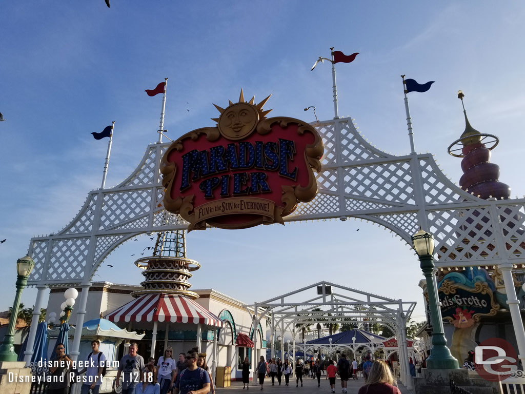 Christmas decorations are removed from the Pier entrance sign but not the Paradise Pier sign yet.