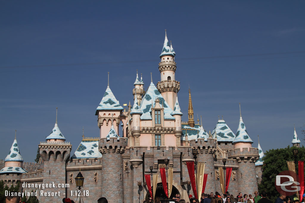 Sleeping Beauty Castle.  The Christmas decorations, lights and icicles are all gone.  Snow remains.  