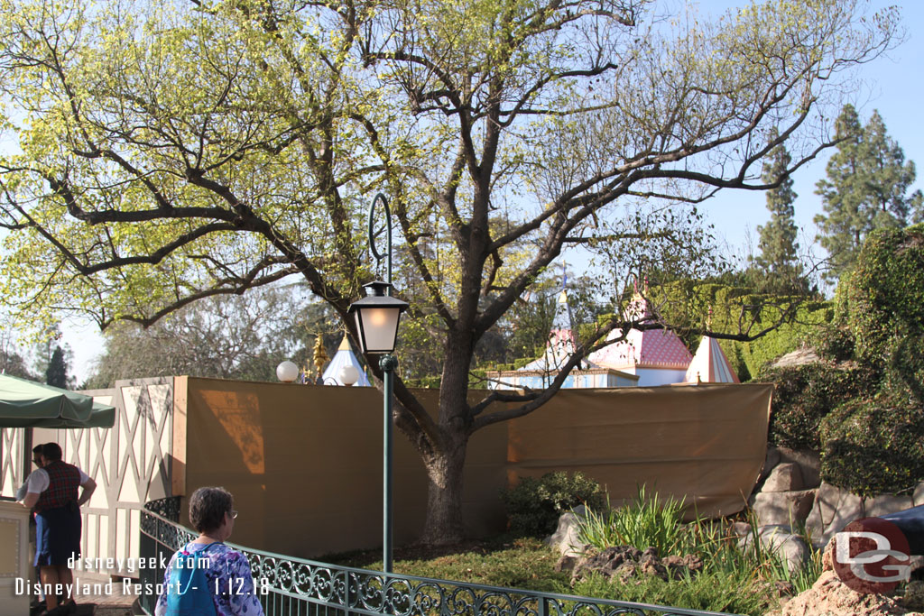 In Fantasyland Dumbo is behind walls.  In addition to a regular renovation they are moving the queue and adding a new shade structure to it.