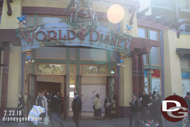 World of Disney is now half closed.  From the center doors to the right toward Starbucks is walled off for renovation. It is slated to be closed into July then the other half will be closed.