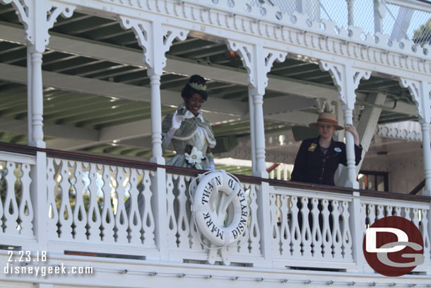 Tiana welcoming guests aboard the Mark Twain