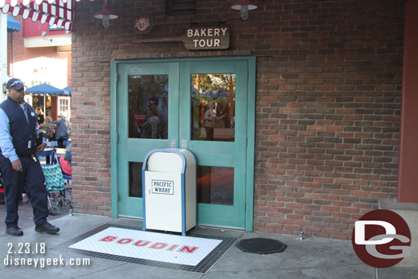 Odd a trash can in front of the door for the Bakery Tour.  The renovation sign is gone.