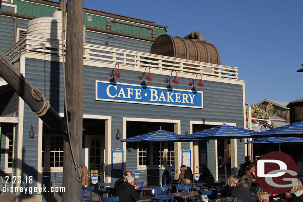 Turns out the Cafe and tour were closed due to some issue. Castmembers did not know or would not share what was going on and had no idea when they would reopen.  Interesting to note the inside was closed and no bread on the cart outside nor on Buena Vista Street either.