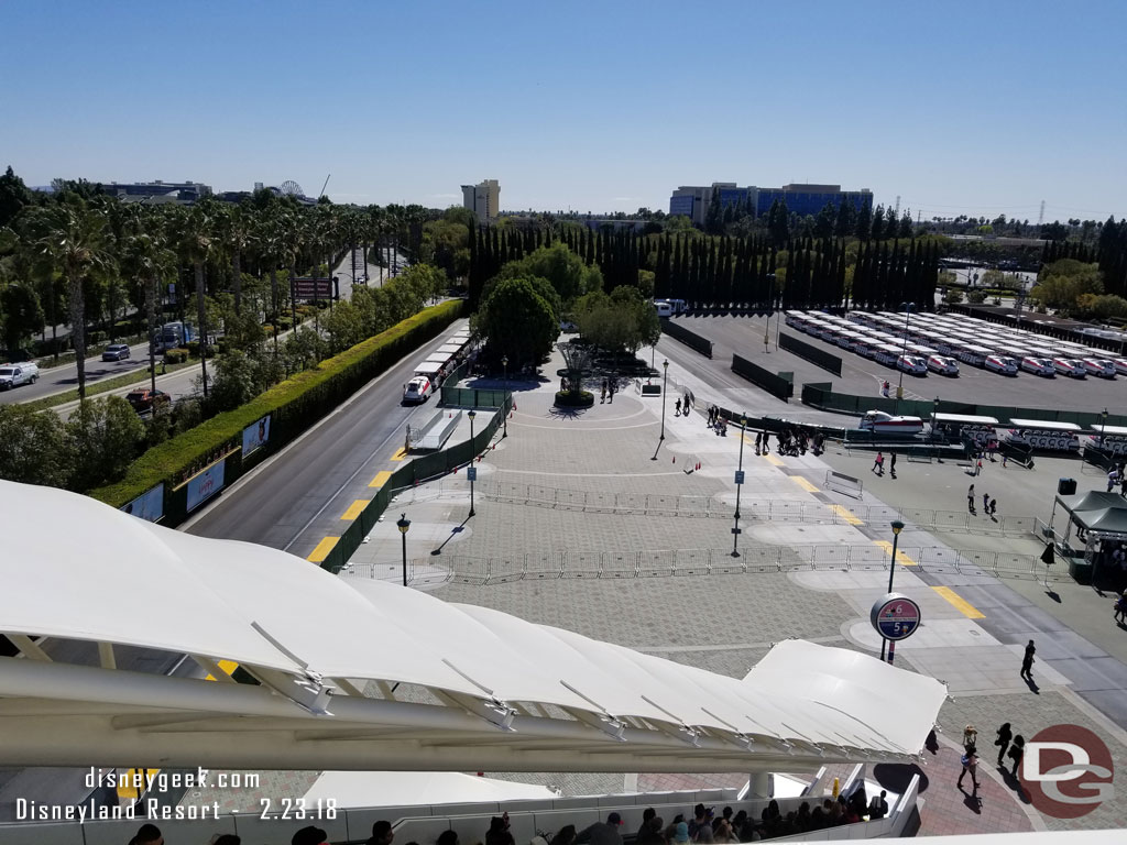 Moving on to the Mickey and Friends Tram Stop.   Here is an overview.    You can see two new load zones marked off and ready to go.  The new route appears to turn quickly and double back on itself.