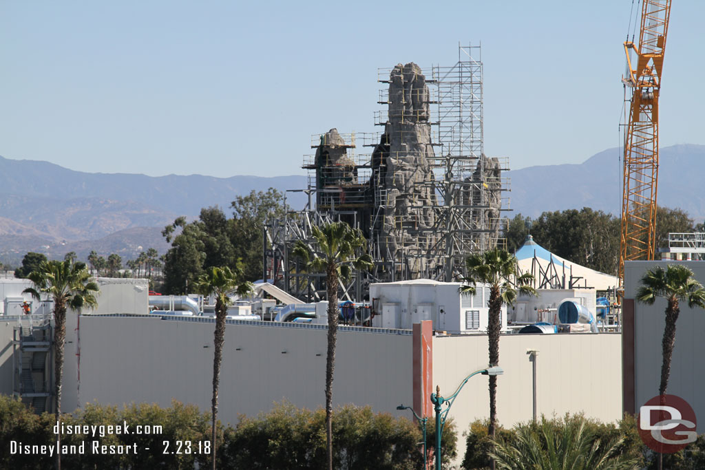 Panning to the right.  More steel going up for lower portions of the rock work.  Also notice the red border is starting to be added to the building.