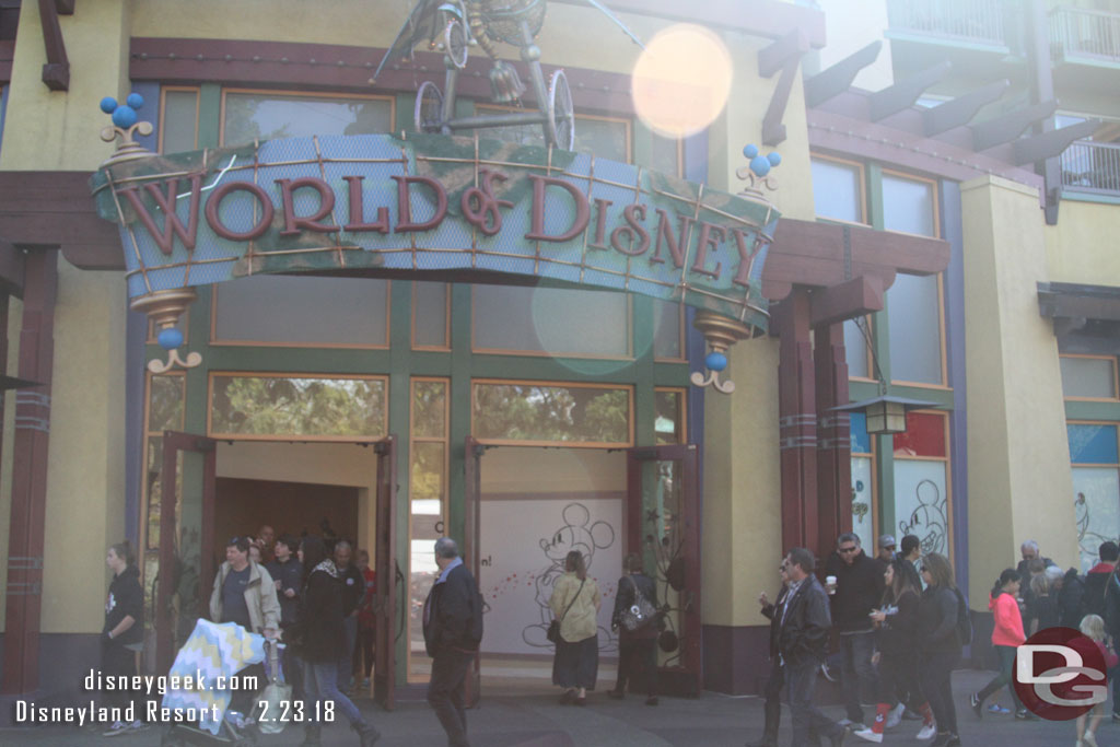 World of Disney is now half closed.  From the center doors to the right toward Starbucks is walled off for renovation. It is slated to be closed into July then the other half will be closed.