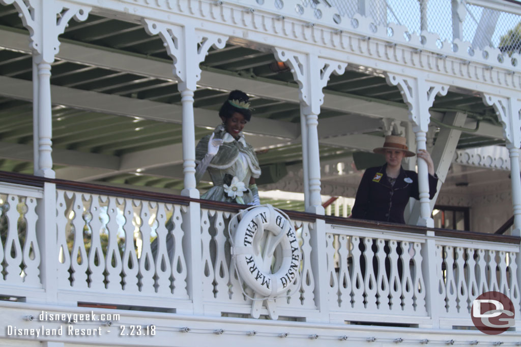 Tiana welcoming guests aboard the Mark Twain