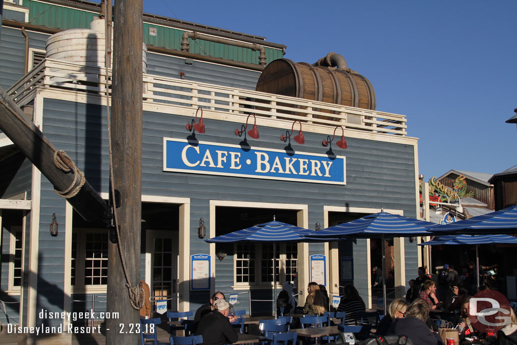 Turns out the Cafe and tour were closed due to some issue. Castmembers did not know or would not share what was going on and had no idea when they would reopen.  Interesting to note the inside was closed and no bread on the cart outside nor on Buena Vista Street either.