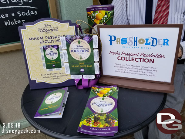 A table on Buena Vista Street advertising Food and Wine Festival Annual Passholder items.