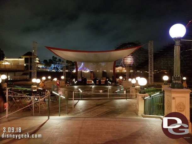 7:43pm and they had just lowered the stage.  Still a lot of clean  up before 9pm World of Color.