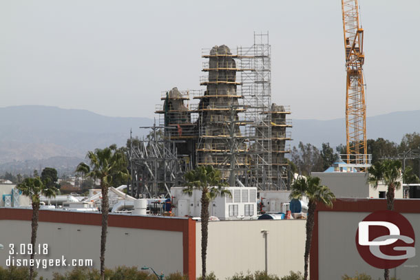 Panning to the right the peaks above the entrance to the building.