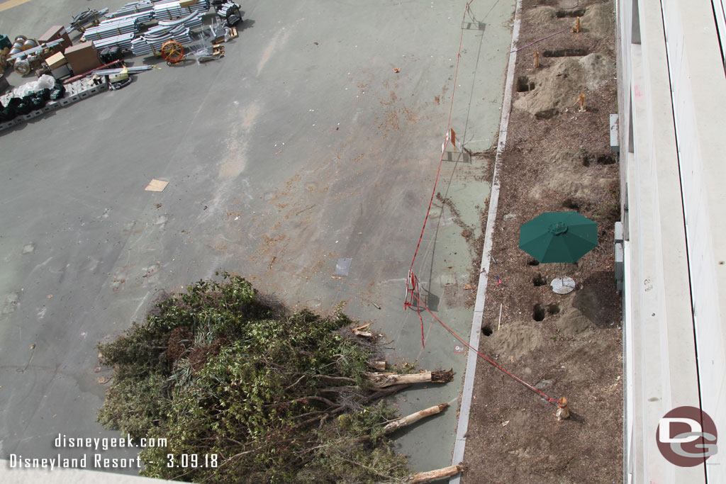 More trees and landscaping being removed from the planters by the parking structure.