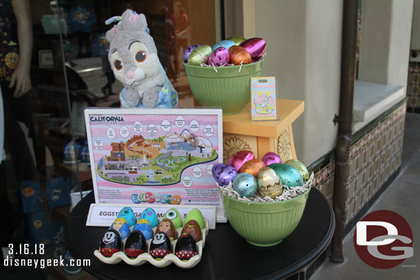 The annual Eggstravaganza Egg Hunt started today at both parks and Downtown Disney.  Here is a display for it outside the Five & Dime on Buena Vista Street.