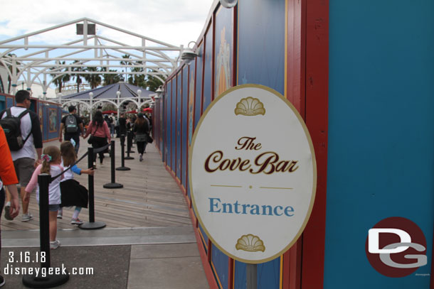 The Cove Bar has returned for the Spring Break crowds.  It will close again in April and reopen in June with the rest of Pixar Pier under a new name.