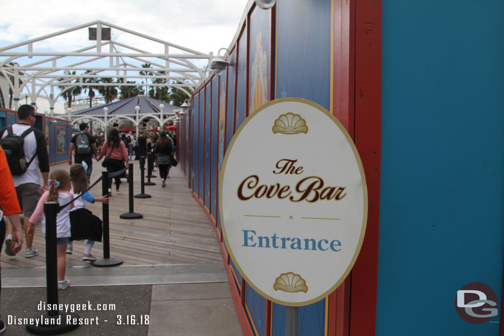 The Cove Bar has returned for the Spring Break crowds.  It will close again in April and reopen in June with the rest of Pixar Pier under a new name.