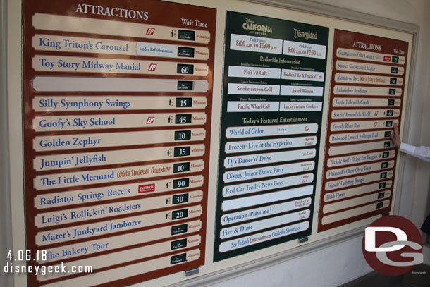 Some Disney California Adventure wait times around 1:15pm