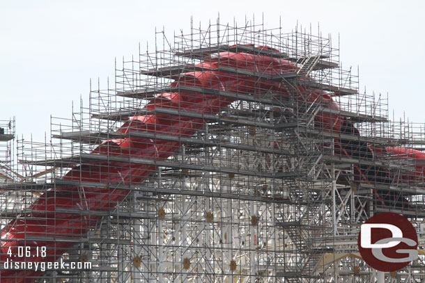 Still a lot of scaffolding up on the coaster as work continues.