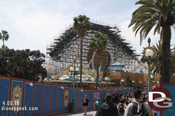 Some scaffolding is removed on the Toy Story building.