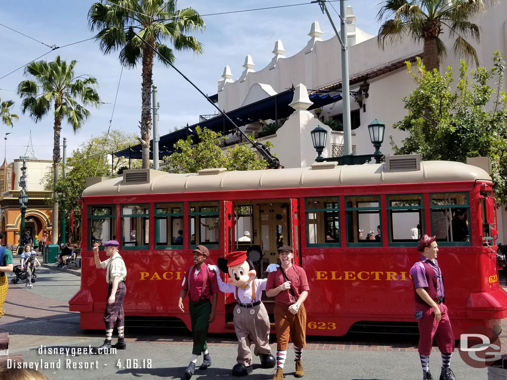 Red Car Trolley News Boys & Mickey Mouse performing on Buena Vista Street