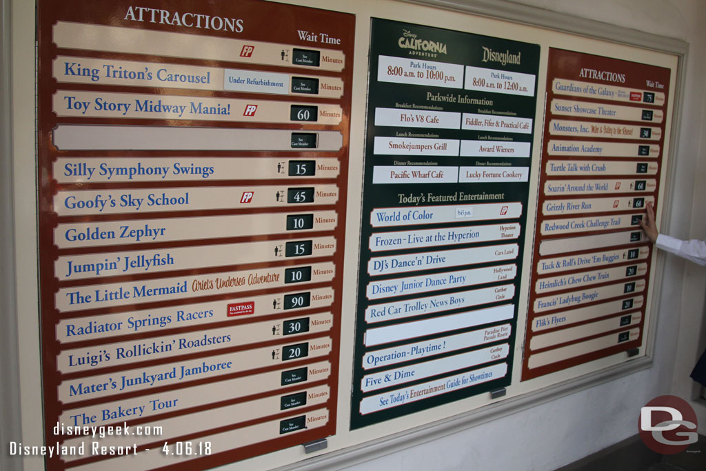 Some Disney California Adventure wait times around 1:15pm