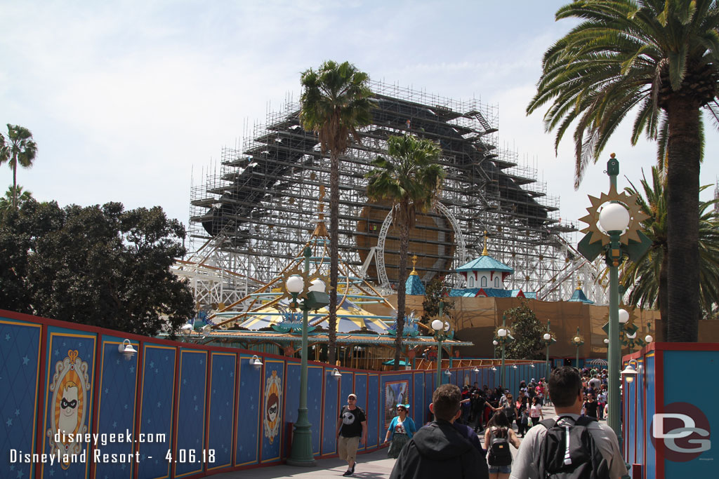 Some scaffolding is removed on the Toy Story building.