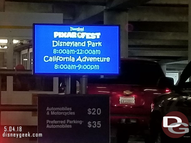 Stopped in a slow line at the tollbooth.. so a look at park hours and current pricing.