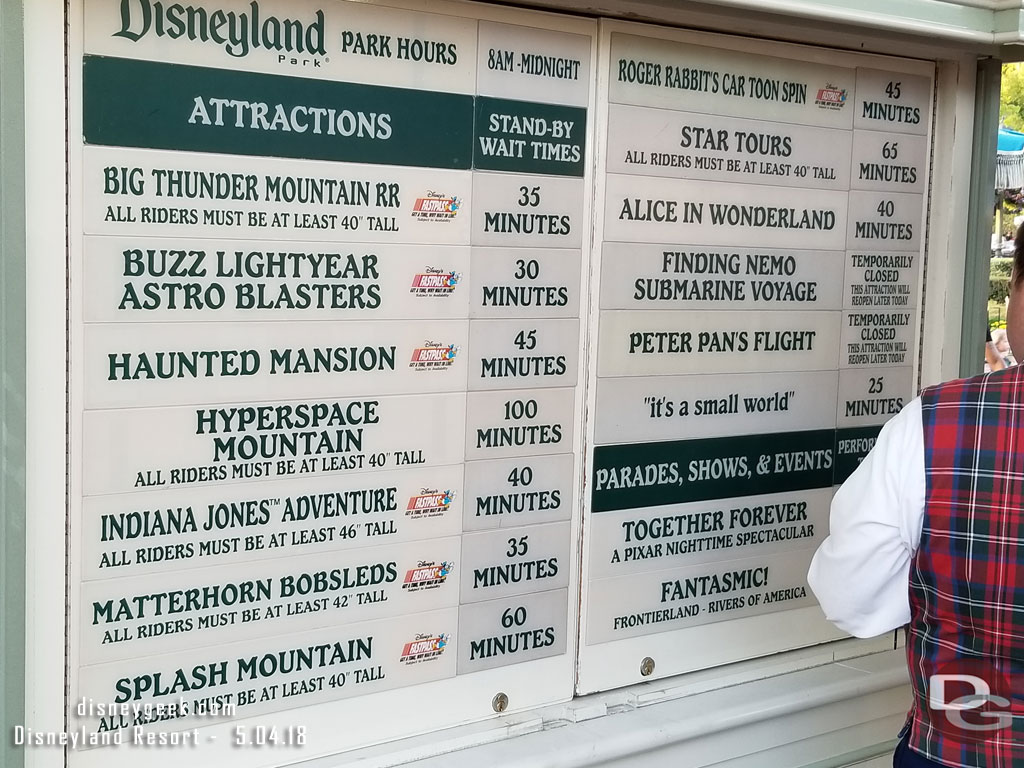 Disneyland Wait times at 7:01pm