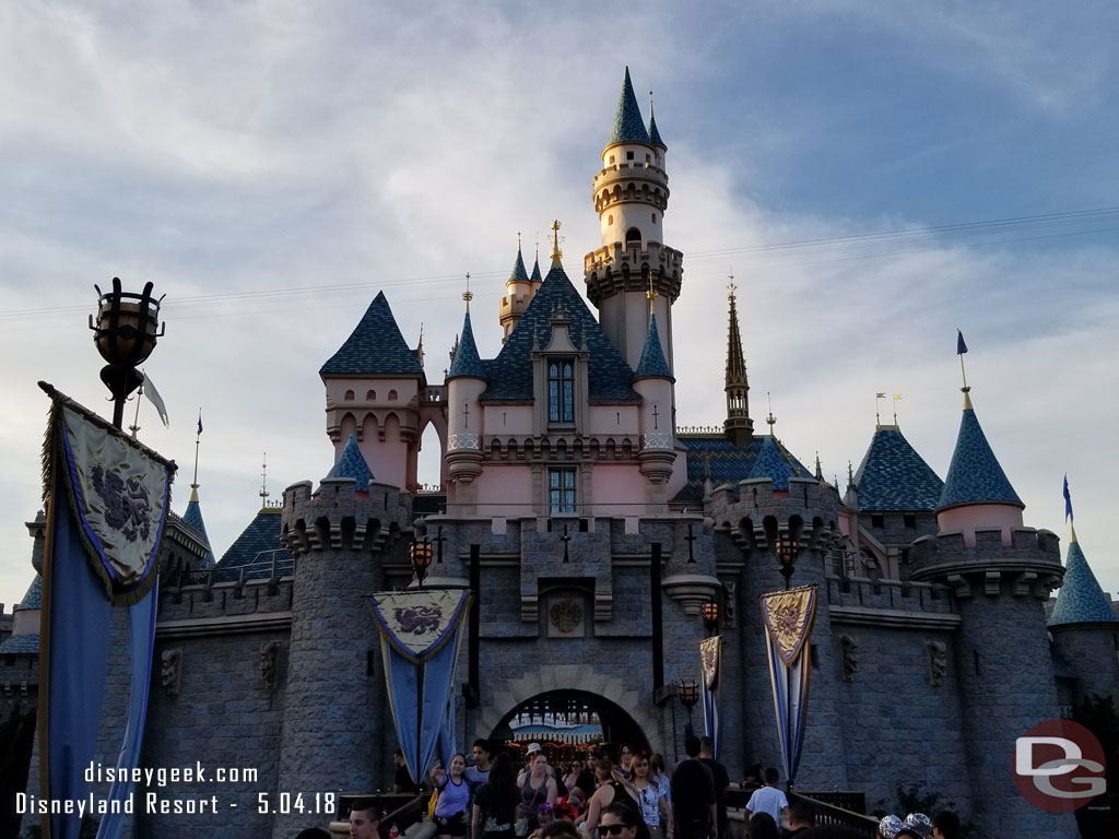 Sleeping Beauty Castle as the sun is setting.