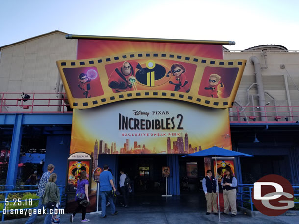 There is an Incredibles 2 Sneak Peek at the Sunset Showcase Theater (which by the way I wish Disney would consistent on spelling.. times guide has theatre but signage at the location has it theater).