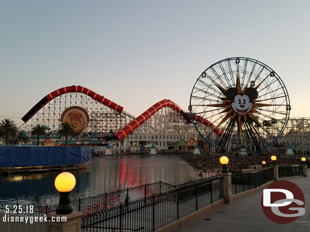 The new lights on the Incredicoaster tubes were on this evening.  Found it interesting how it looks gold instead of red with the camera auto settings (they were red)