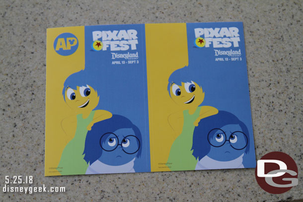 New Pixar Fest stickers at the Annual Passholder area.. this set features Inside Out.