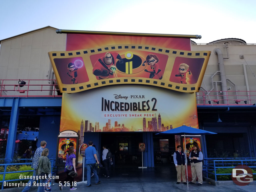 There is an Incredibles 2 Sneak Peek at the Sunset Showcase Theater (which by the way I wish Disney would consistent on spelling.. times guide has theatre but signage at the location has it theater).