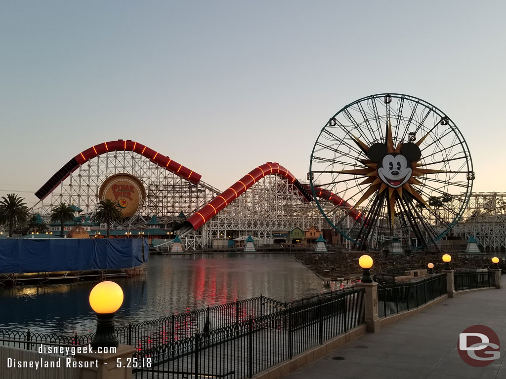 The new lights on the Incredicoaster tubes were on this evening.  Found it interesting how it looks gold instead of red with the camera auto settings (they were red)